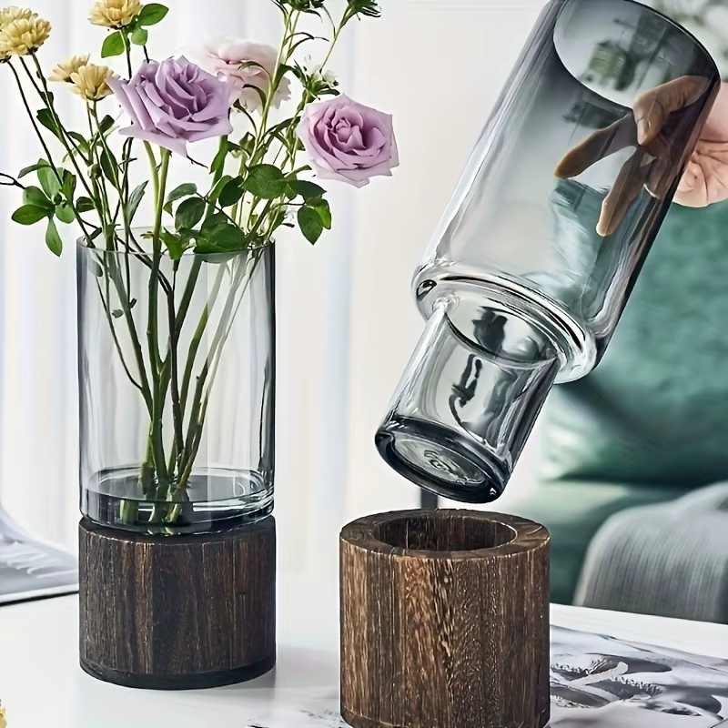 Vase en verre élégant avec Base en bois pour plantes hydroponiques