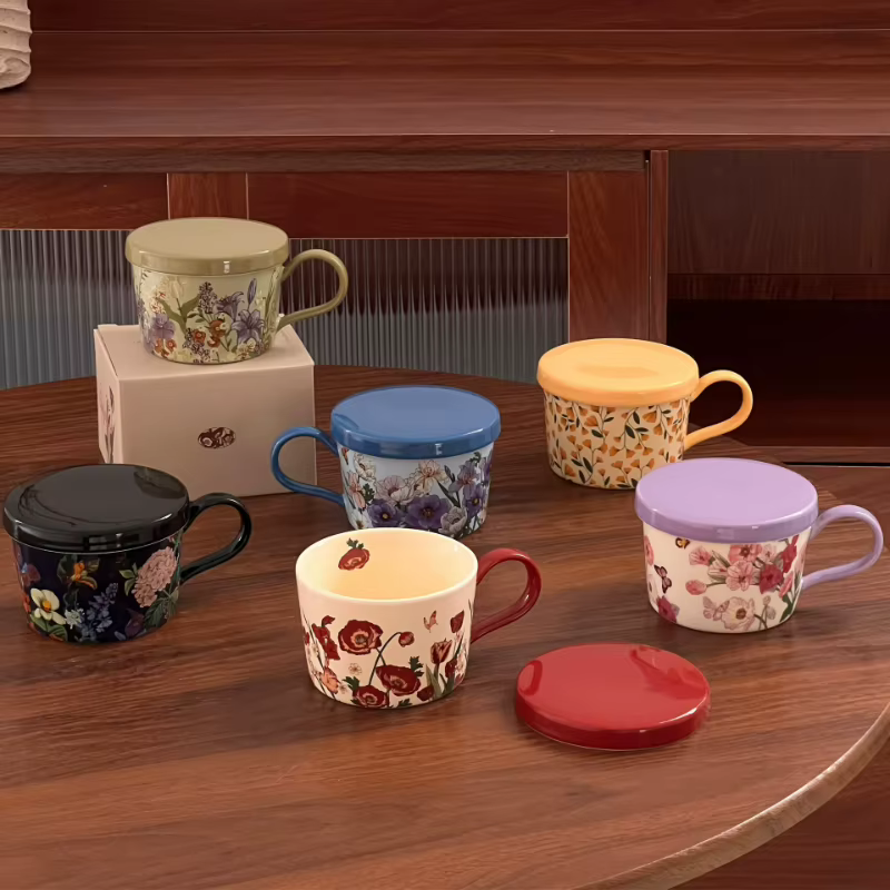 Mug à café en céramique vintage à motif floral avec couvercle