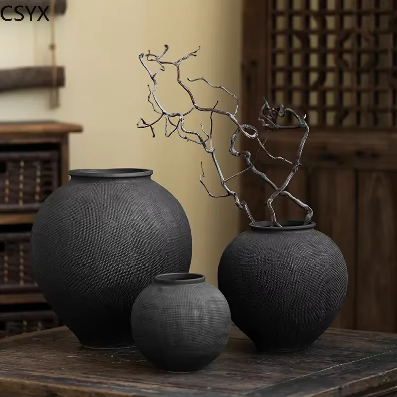 Vase en céramique vintage – Jardinière à double usage et décor floral