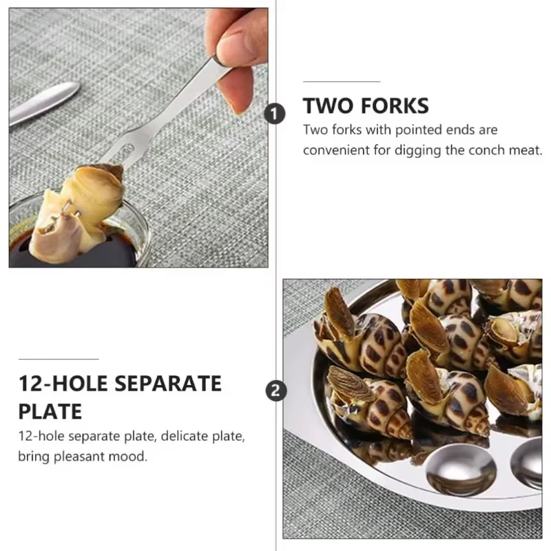 Assiettes à escargots en acier inoxydable avec 12 trous de compartiment, plat d'escargot de fruits de mer de 7.2 pouces, assiette ronde à huîtres, plateau de service d'escargot