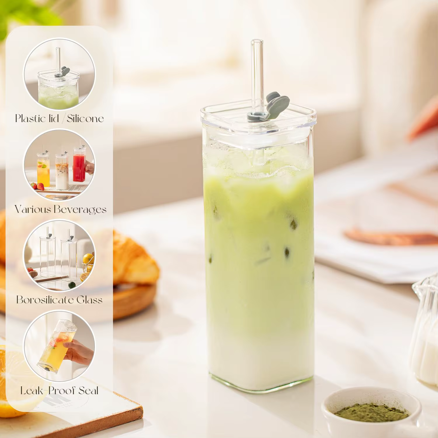 Lot de 6 verres carrés avec couvercles et pailles