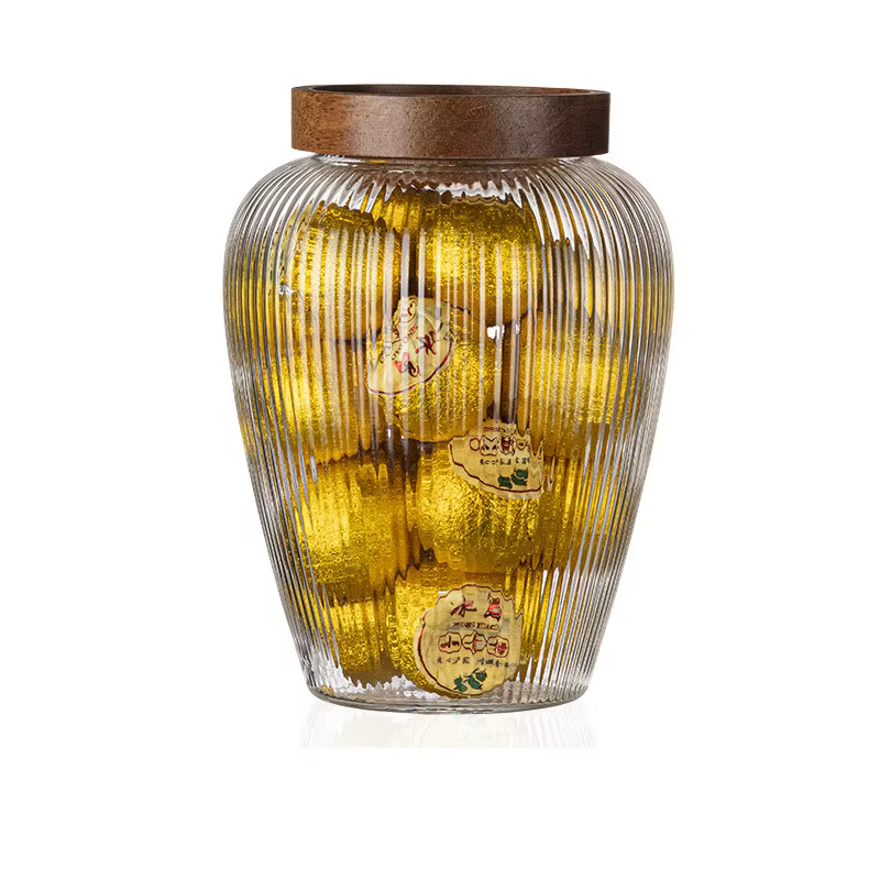 Bocal de rangement en verre avec couvercle en bois d'acacia