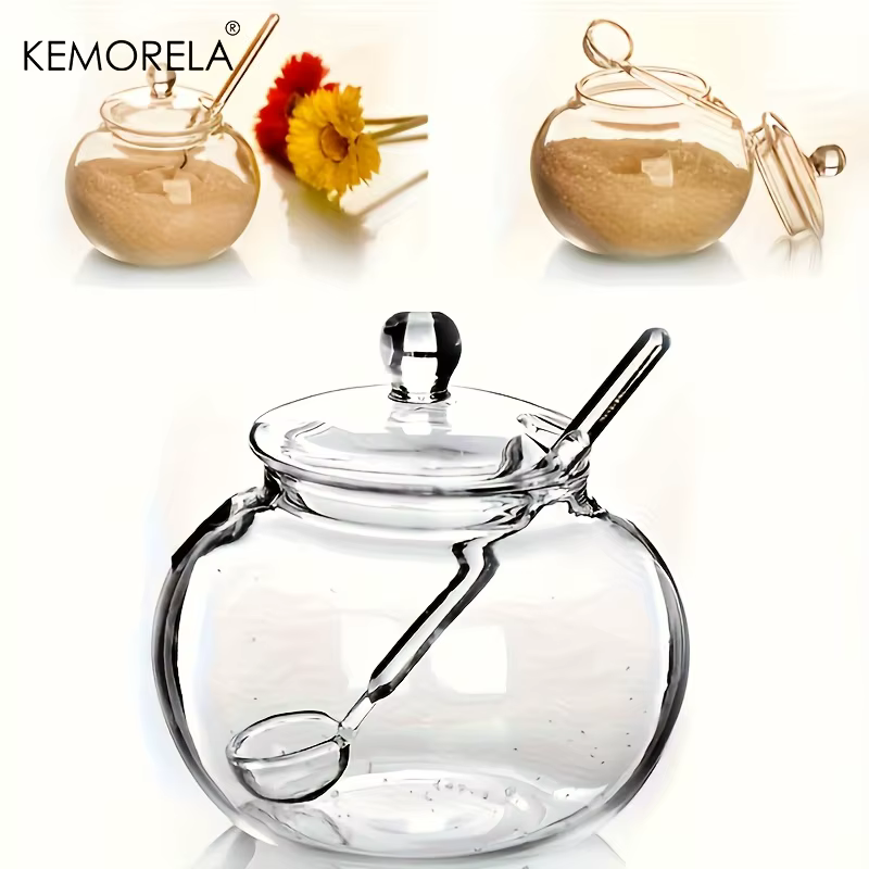 1/2PCS 250ML Sucrier en verre transparent avec cuillère et couvercle arrondi