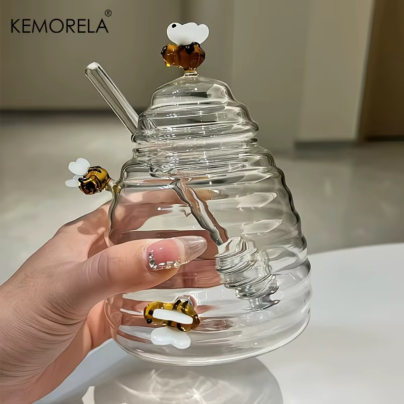 1 pièce Récipient à miel en verre alvéolé avec cuillère