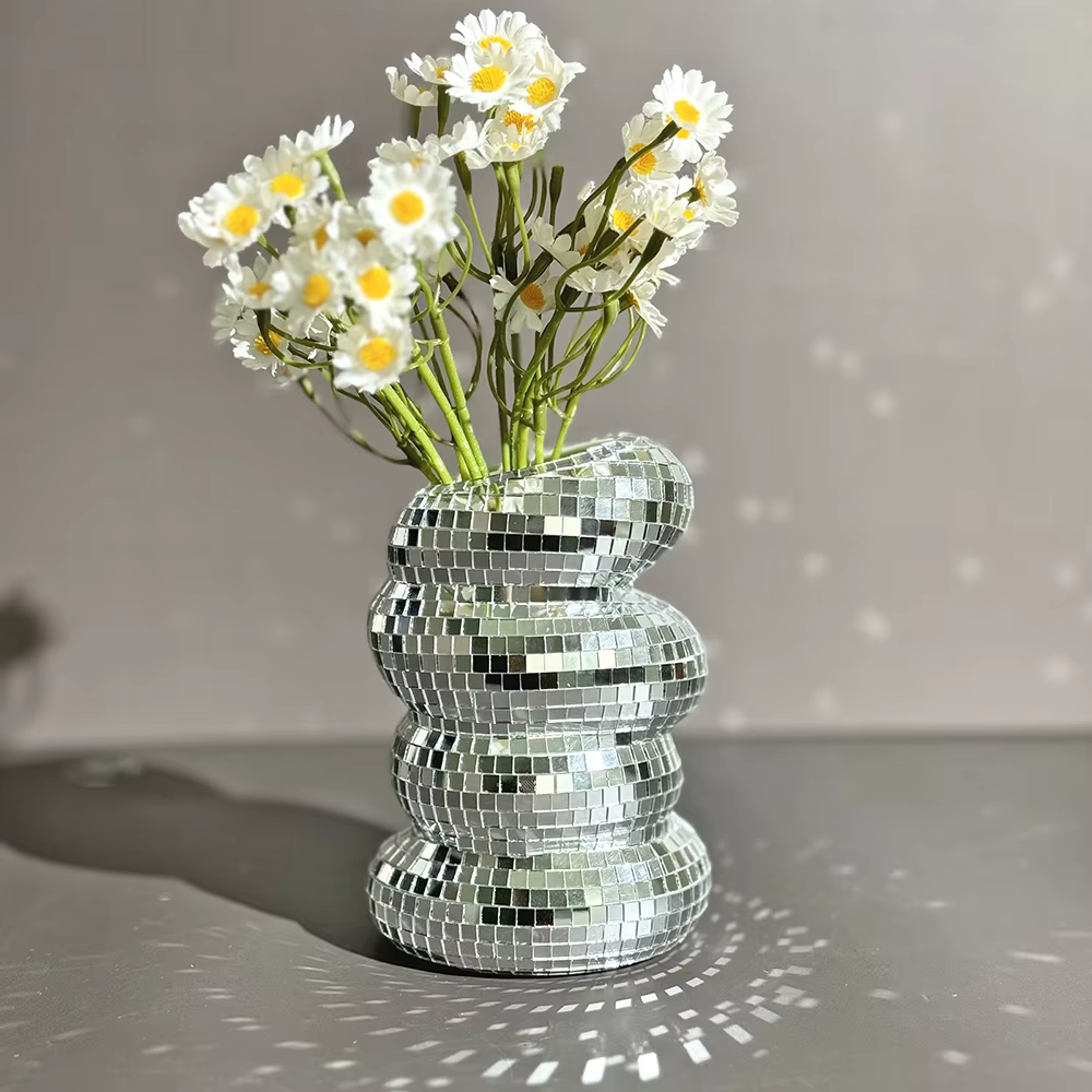 Vase boule Disco spirale, carreaux de verre uniques, bouteille de fleur, jardinière boule Disco, Vase miroir argenté, décor de maison, salon, bureau