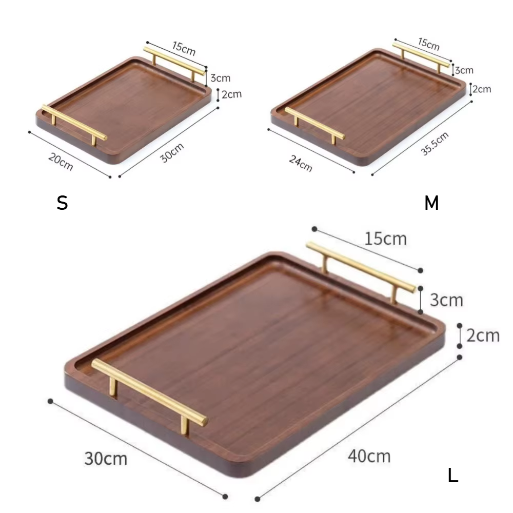 Plateau de service en bois pour aliments et boissons avec poignées métalliques pour table basse