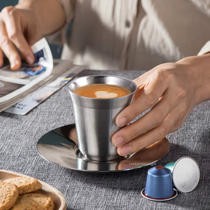 Tasse à café capsule en acier inoxydable à double paroi avec fond plat