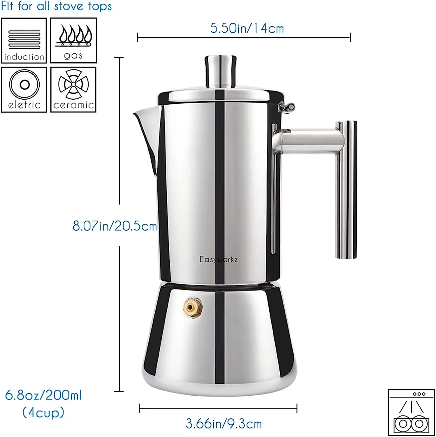 Easyworkz Diego Cafetière Expresso Italienne en Acier Inoxydable pour Plaque de Cuisson, 4 Tasses (6,8 oz), Compatible Induction, Type Moka