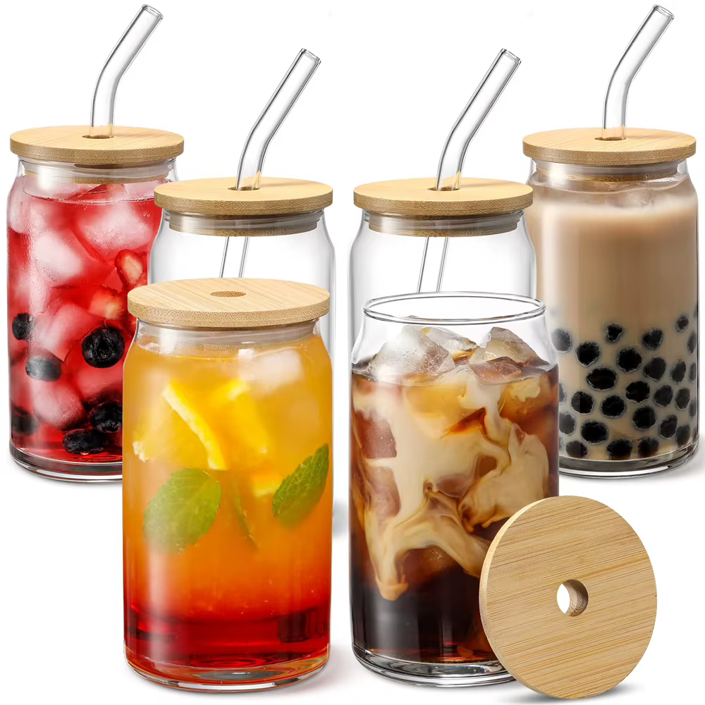 Tasse en verre avec couvercle et paille de 350ml/550ml