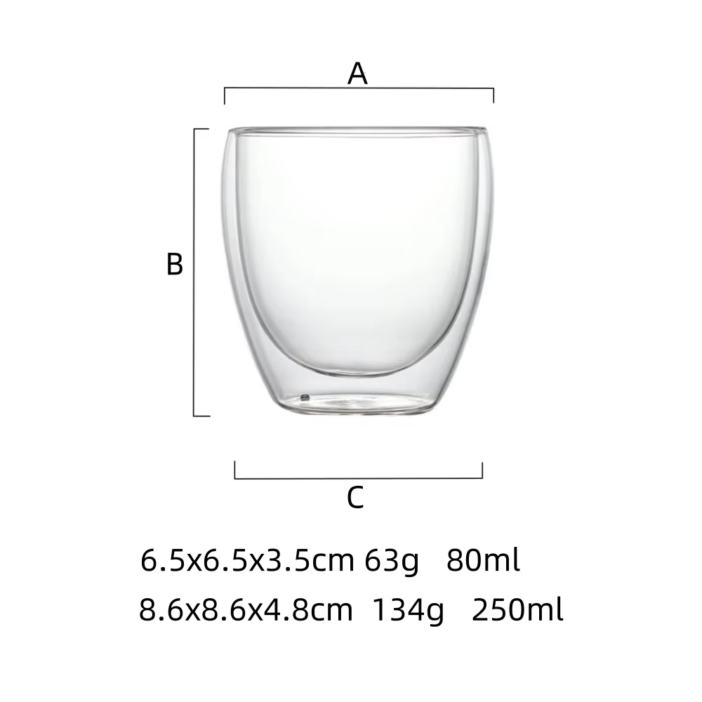 Lot de 6 tasses à café en verre transparent à double paroi de 60 ml/250 ml