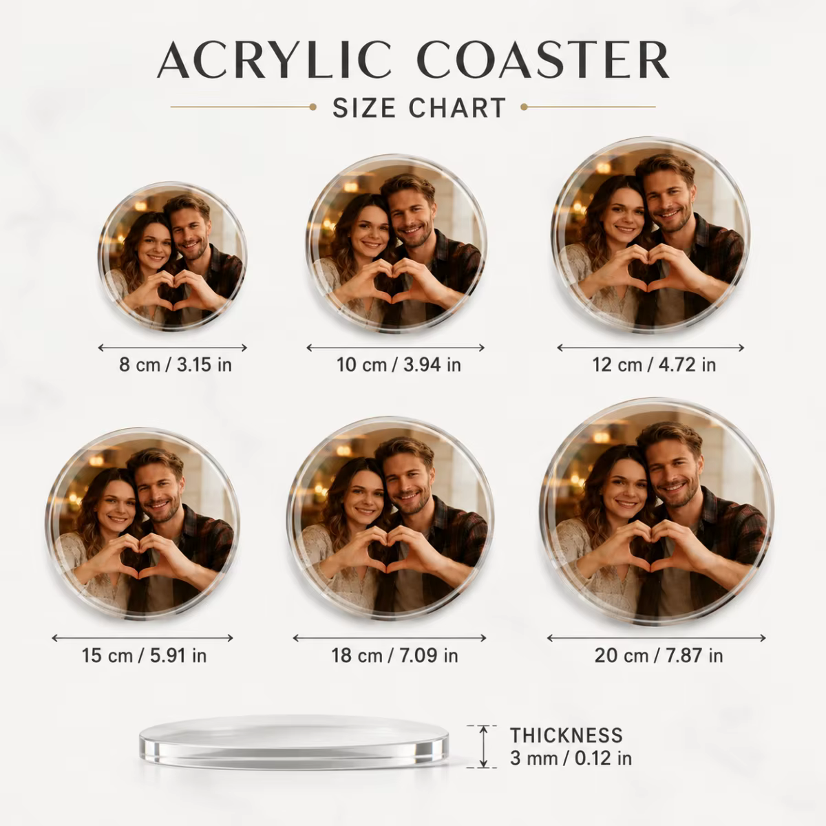1 sous-verre personnalisé en acrylique – imprimé UV avec votre image ; Convient pour les mariages
