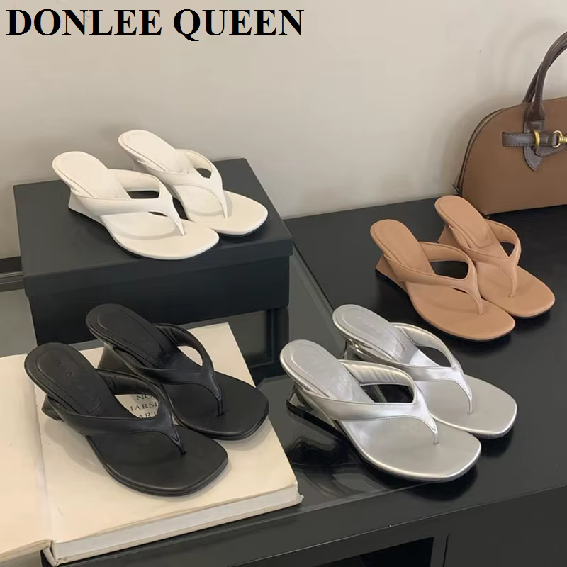 Marque de mode talon compensé pantoufle diapositives femmes pince orteil tongs bande étroite sandales chaussures décontracté femme pantoufle Sandalia Mujer