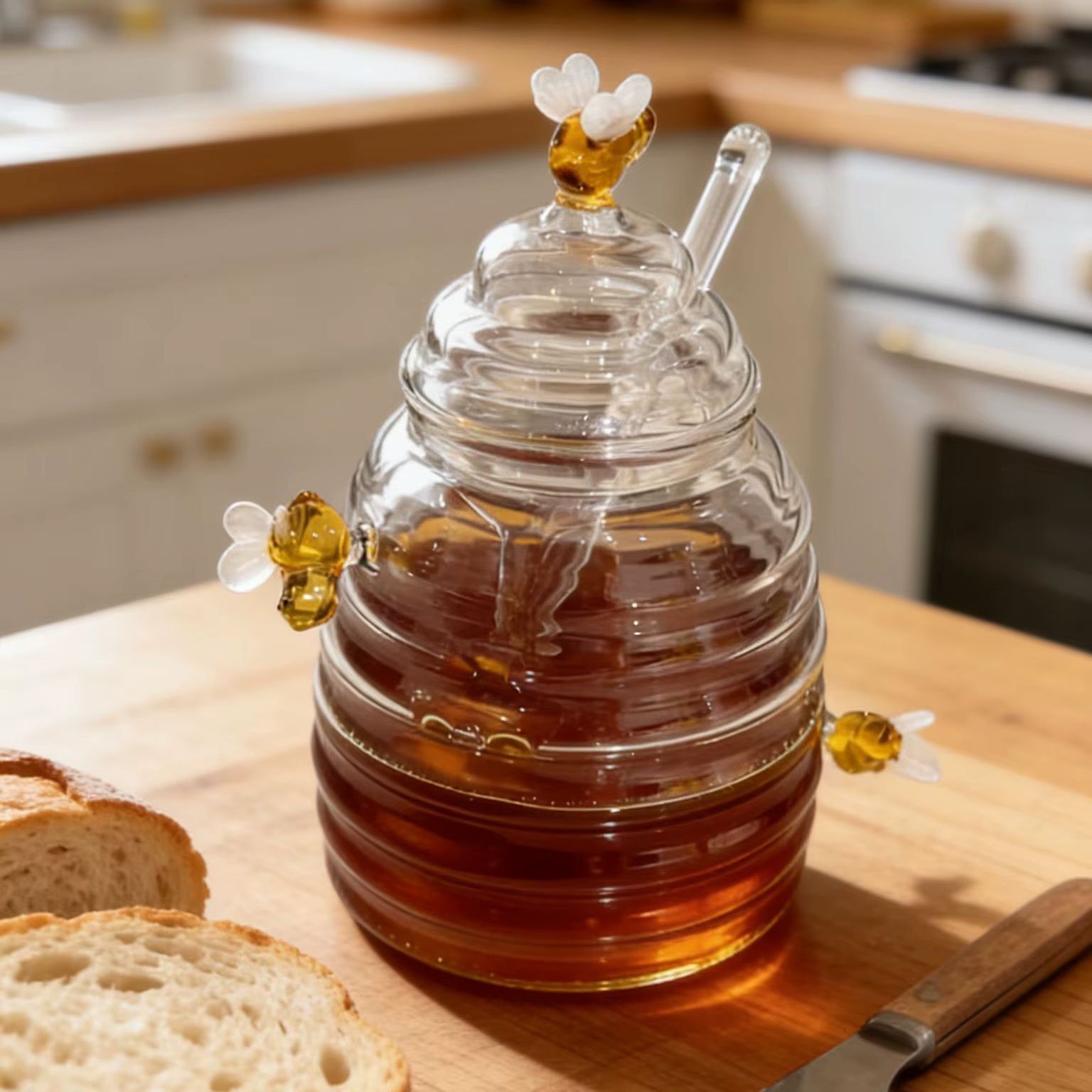 Pot à miel en verre avec cuillère et couvercle