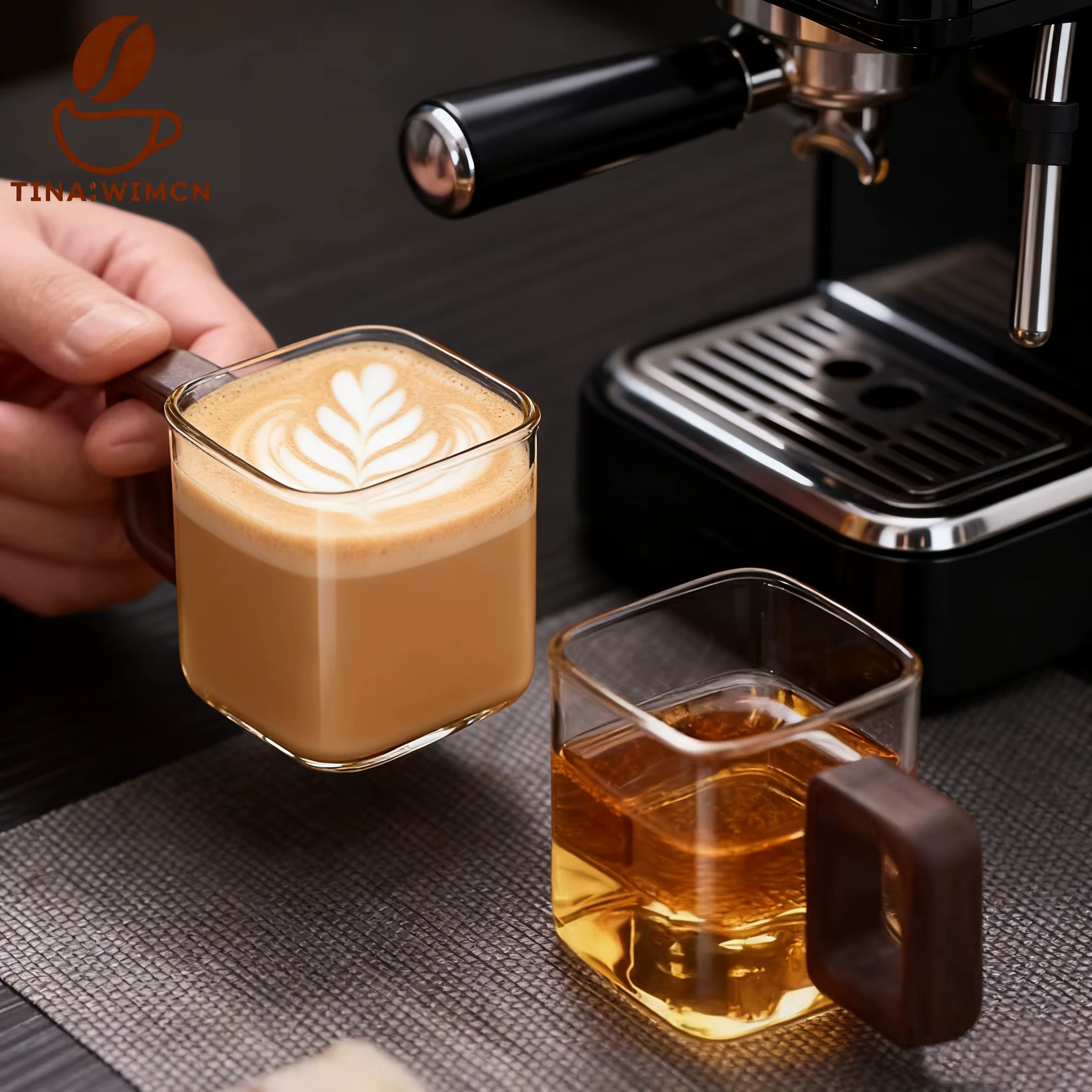 TINA WIMCN 4 pièces 90ml petite capacité tasse à café en verre moulu avec manche en bois de noyer maison petit déjeuner lait thé tasses Drinkware