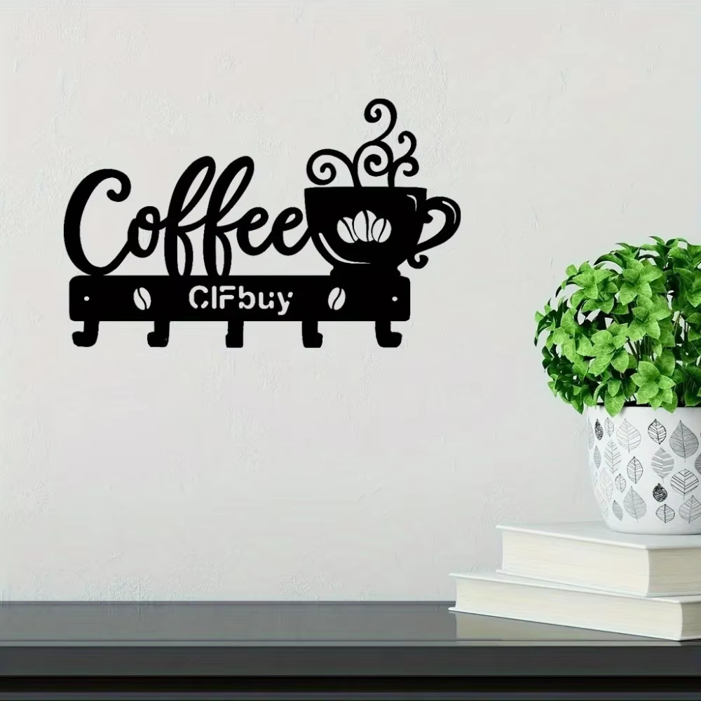 Art mural en métal rustique avec signe de tasse de café et crochets
