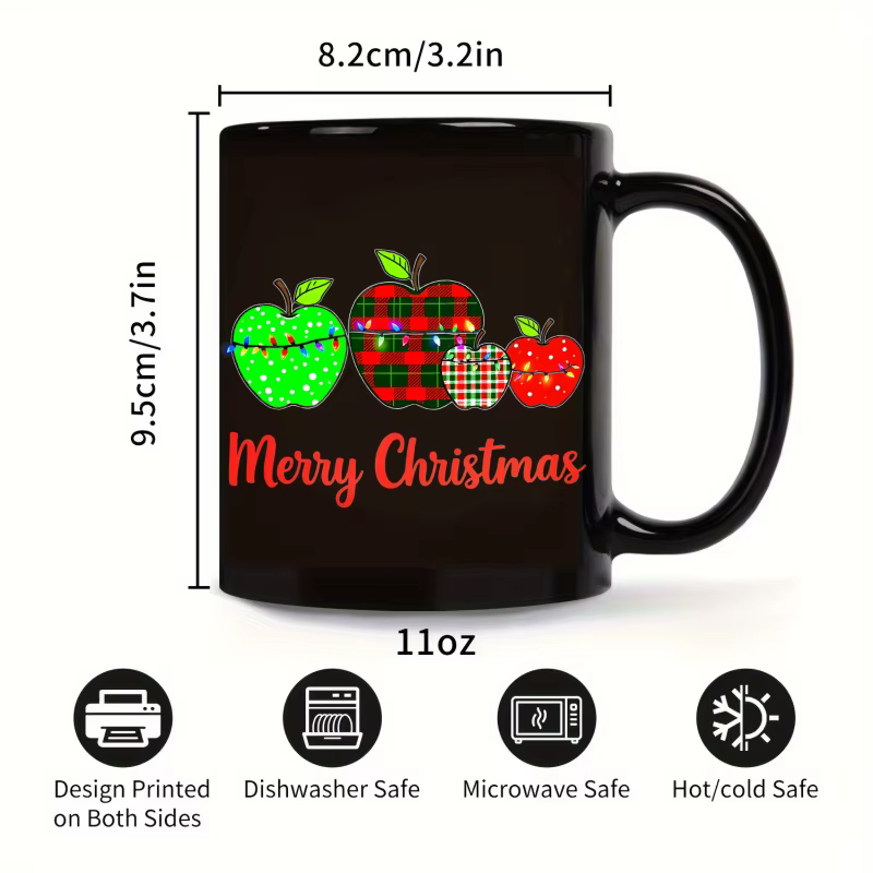 Tasse à café noire avec motif pomme de Noël et texte "Joyeux Noël"