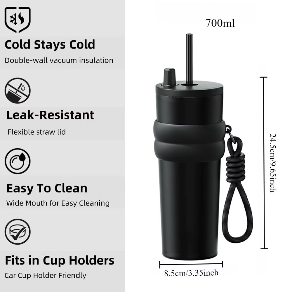 Thermos de voyage 700 ml/23 oz avec paille et couvercle anti-fuite