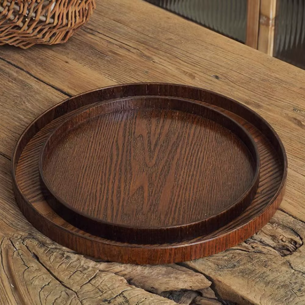 Plateau de service rond vintage en bois 21/24/27/30/33cm