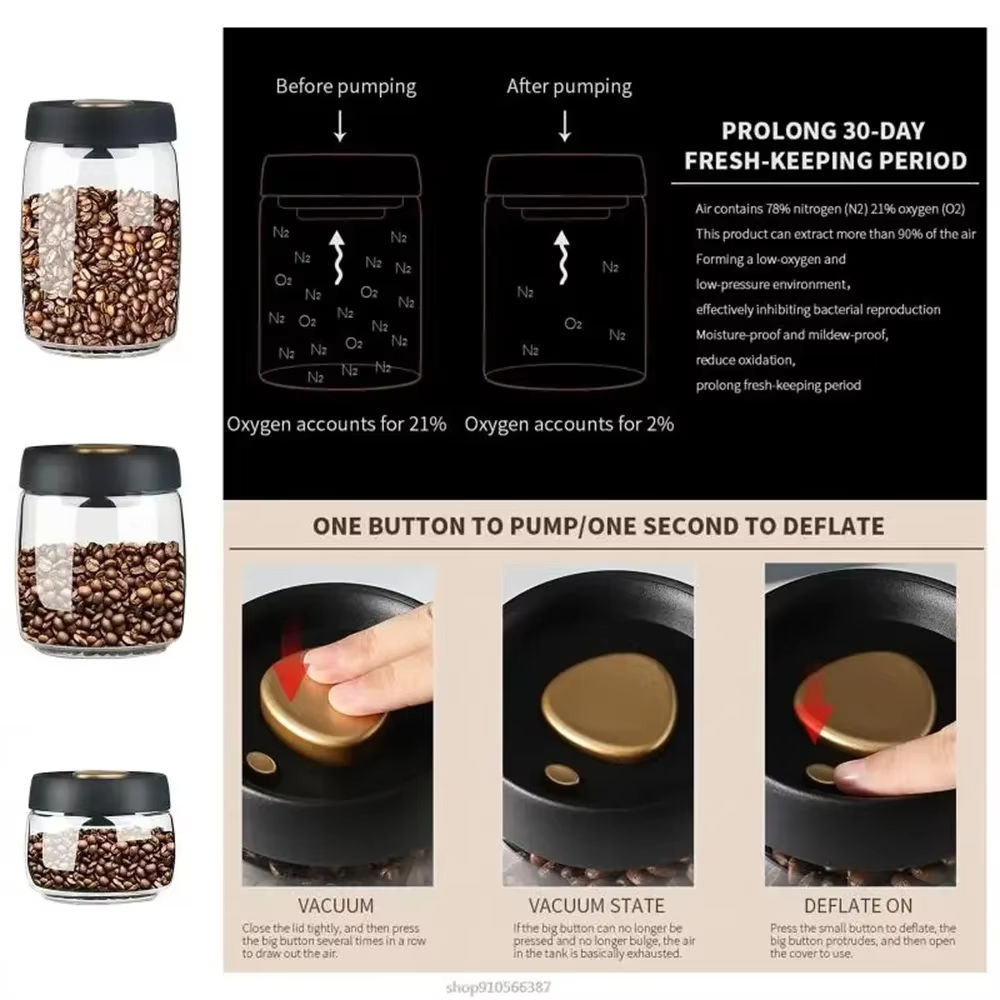 1 boîte de rangement pour grains de café avec couvercle hermétique et système de pression sous vide en verre
