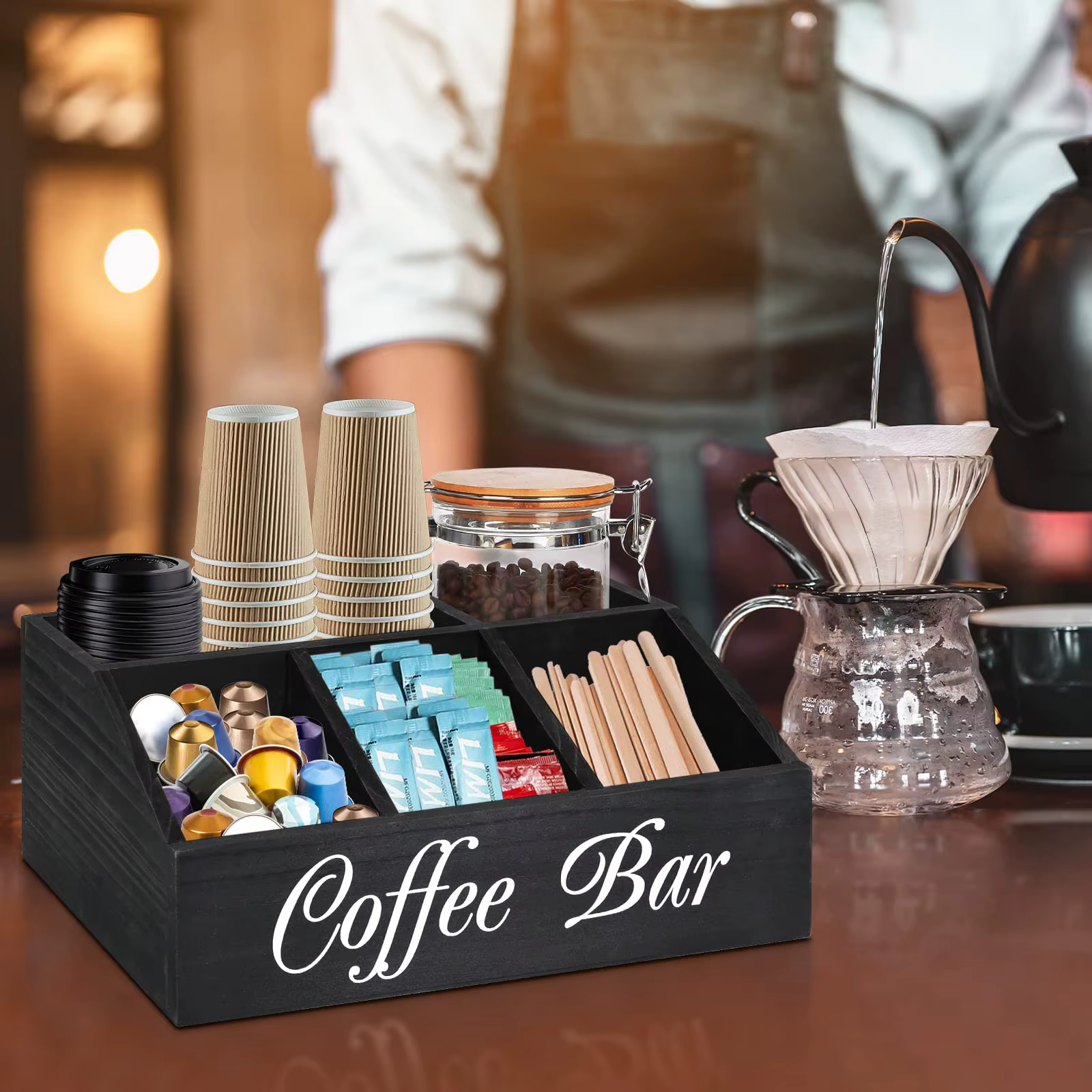 Panier de rangement en bois pour bar à café - Organisateur d'accessoires