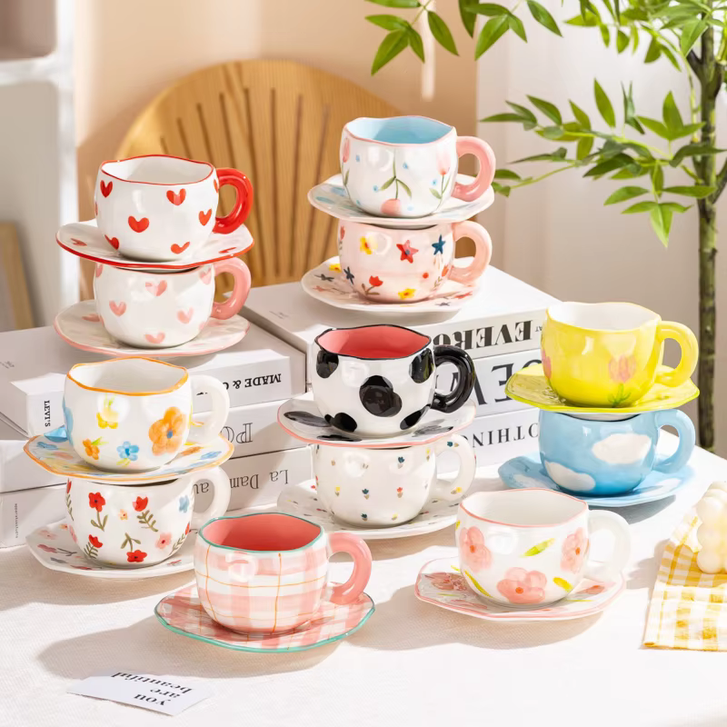 Tasse à café en céramique peinte à la main avec nuages de fleurs