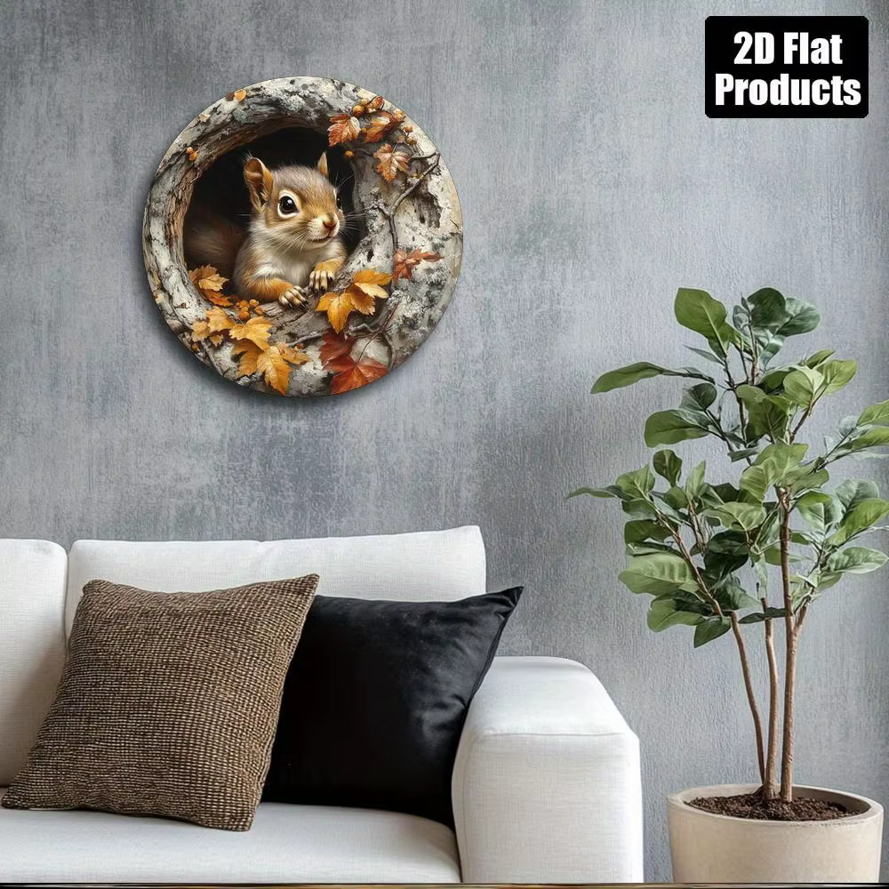 Assiette ronde en bois à motif érable et écureuil rétro