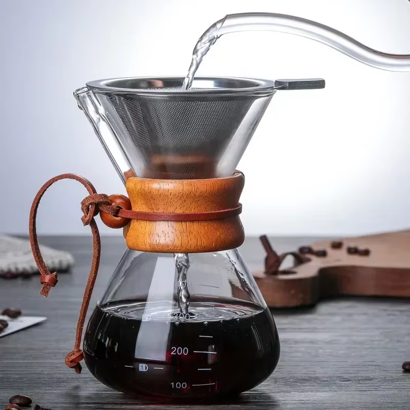 Bouilloire à café en verre à main avec filtre en acier inoxydable