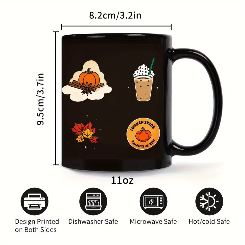 Tasse en céramique noire avec latte aux épices de citrouille et design de feuilles d'automne pour les amateurs de café