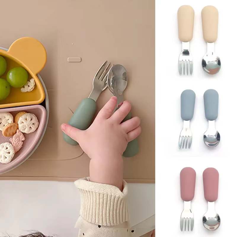 Ensemble de Couverts en Silicone et Acier Inoxydable pour Bébé