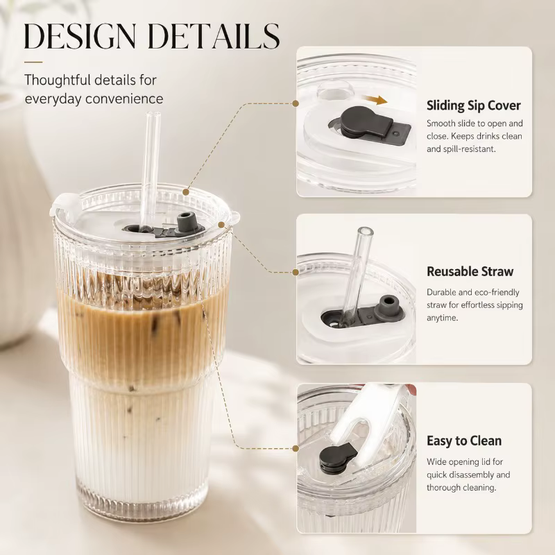 Tasse à café en verre rayé avec couvercle et sans couvercle