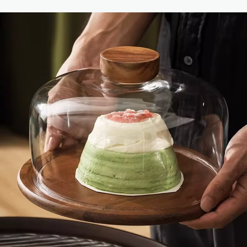 Plateau à gâteau en bois avec couvercle en verre, assiette à dessert, assiettes décoratives, assiettes de présentation, assiette à pâtisserie, plateau à thé, bol à fruits, plat à dim sum