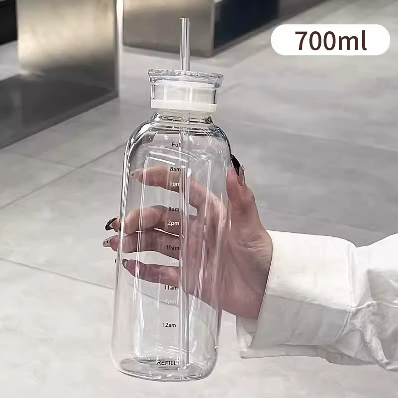 Grande bouteille d'eau en verre avec paille de 300/500/750ml