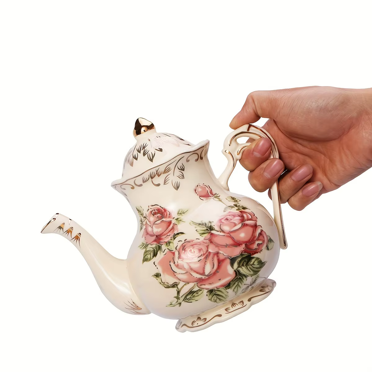 Théière en céramique rose / Tasse et soucoupe - Cafetière à bordure dorée - Cadeau élégant pour le thé de l'après-midi