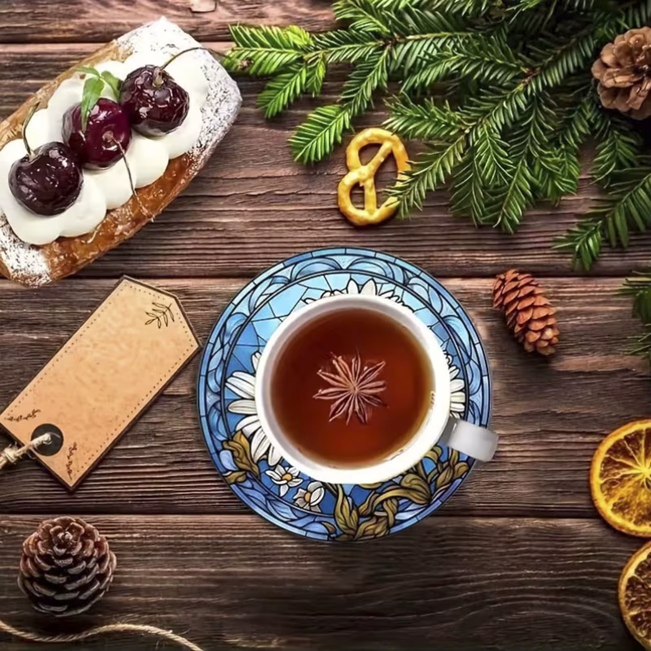Ensemble de 8 dessous-de-verre en bois à thème floral
