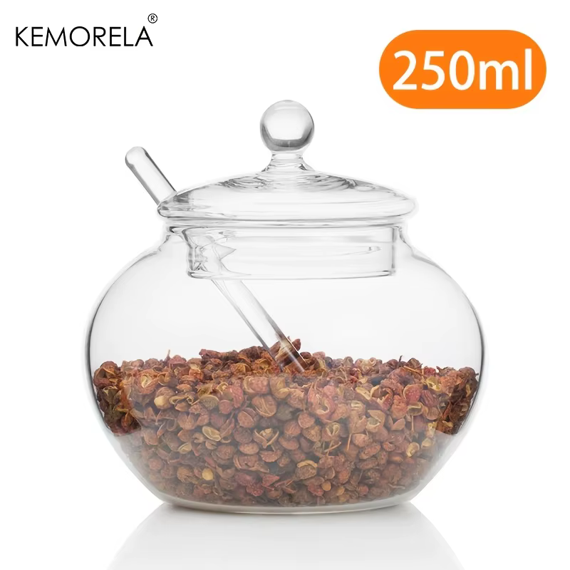 1/2PCS 250ML Sucrier en verre transparent avec cuillère et couvercle arrondi