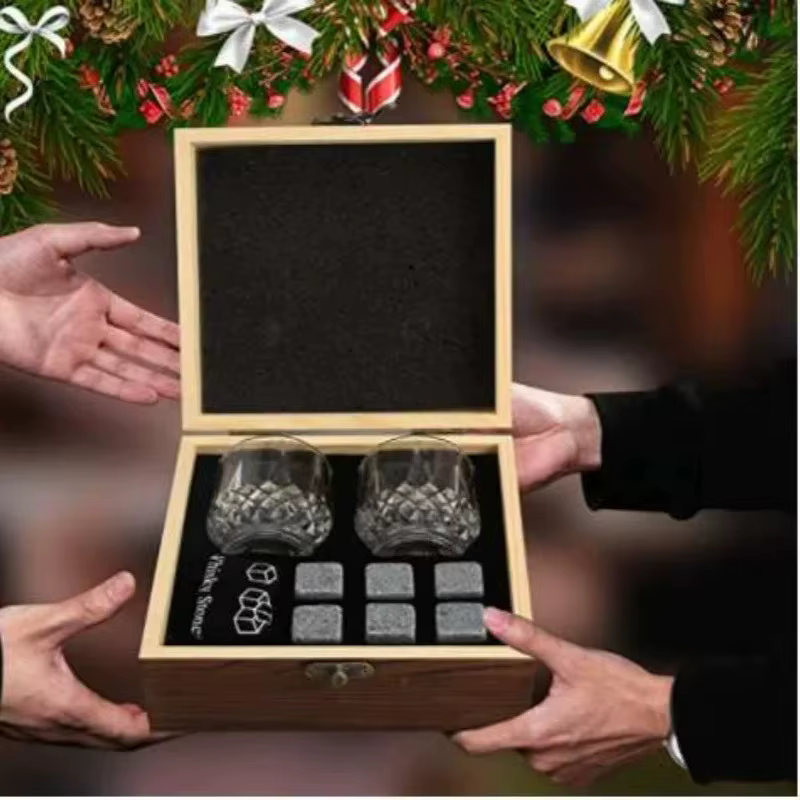 Ensemble de verres à whisky et à charbon, glaçon en granit, boîte en bois, cadeau de fête des pères, papa et mari, hommes