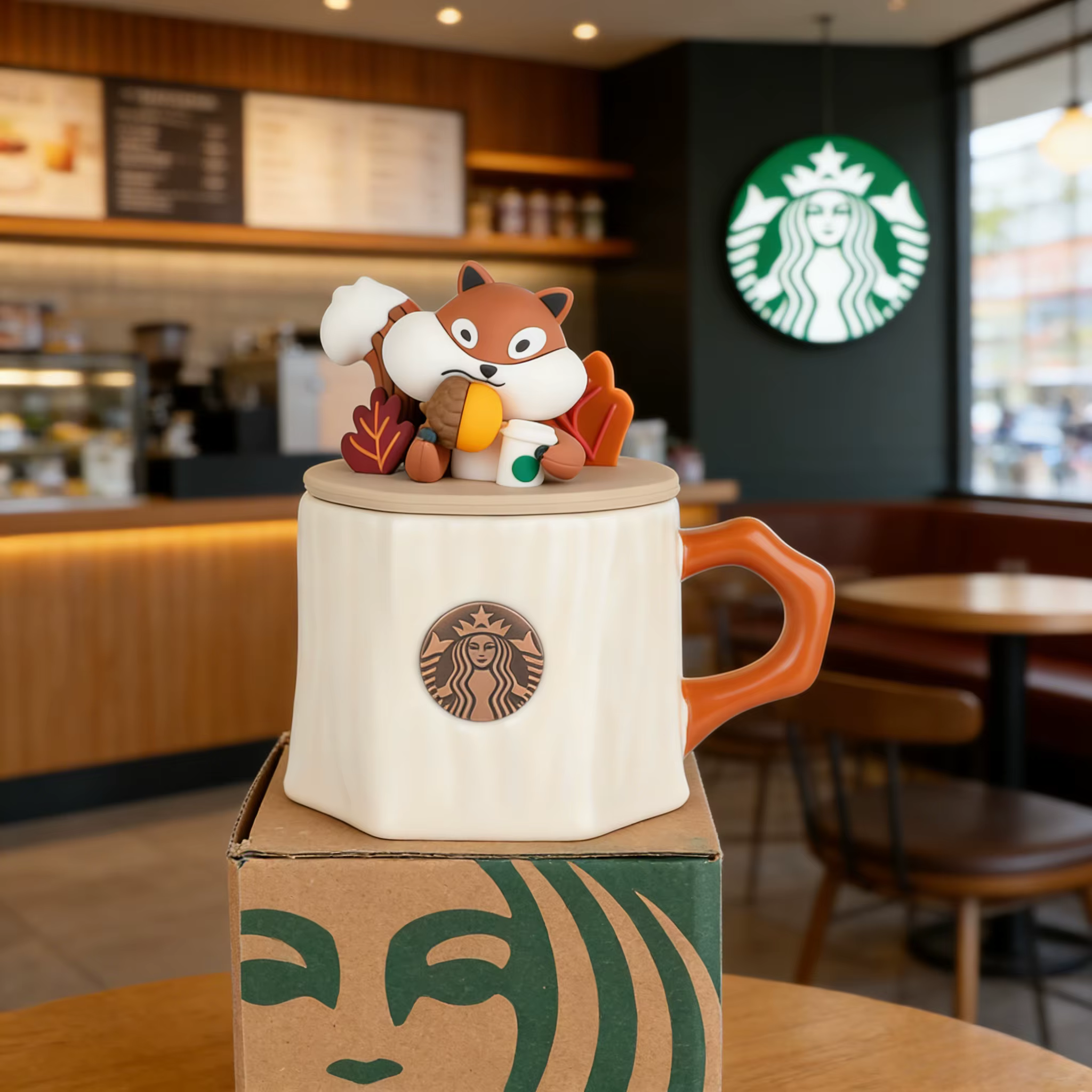 Tasse à café Starbucks en céramique en forme d'écureuil d'automne avec couvercle anti-poussière en bois pour bureau