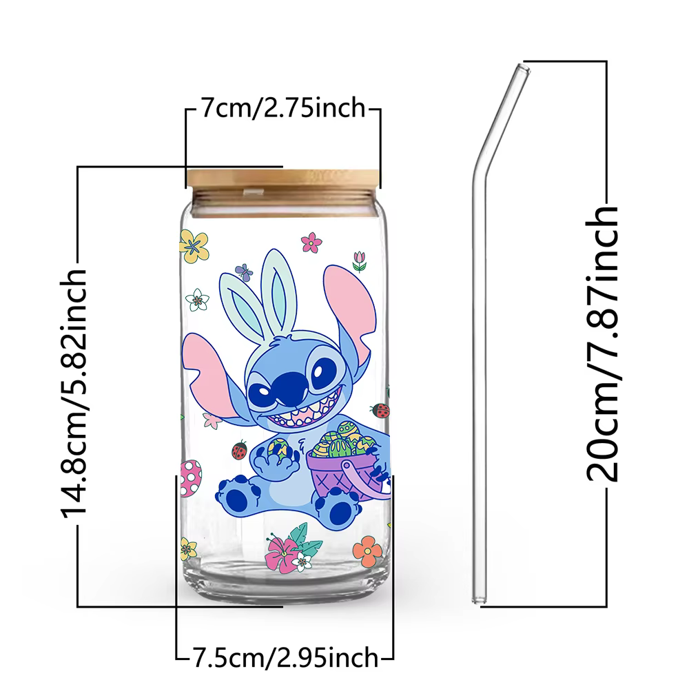 1 pièce Gobelet en verre borosilicate Disney Stitch Pâques de 16 oz avec couvercle et paille