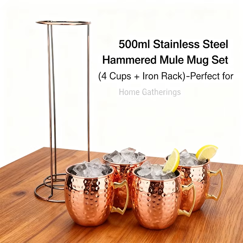 Ensemble de 4 tasses Moscow Mule de 500 ml avec support en fer