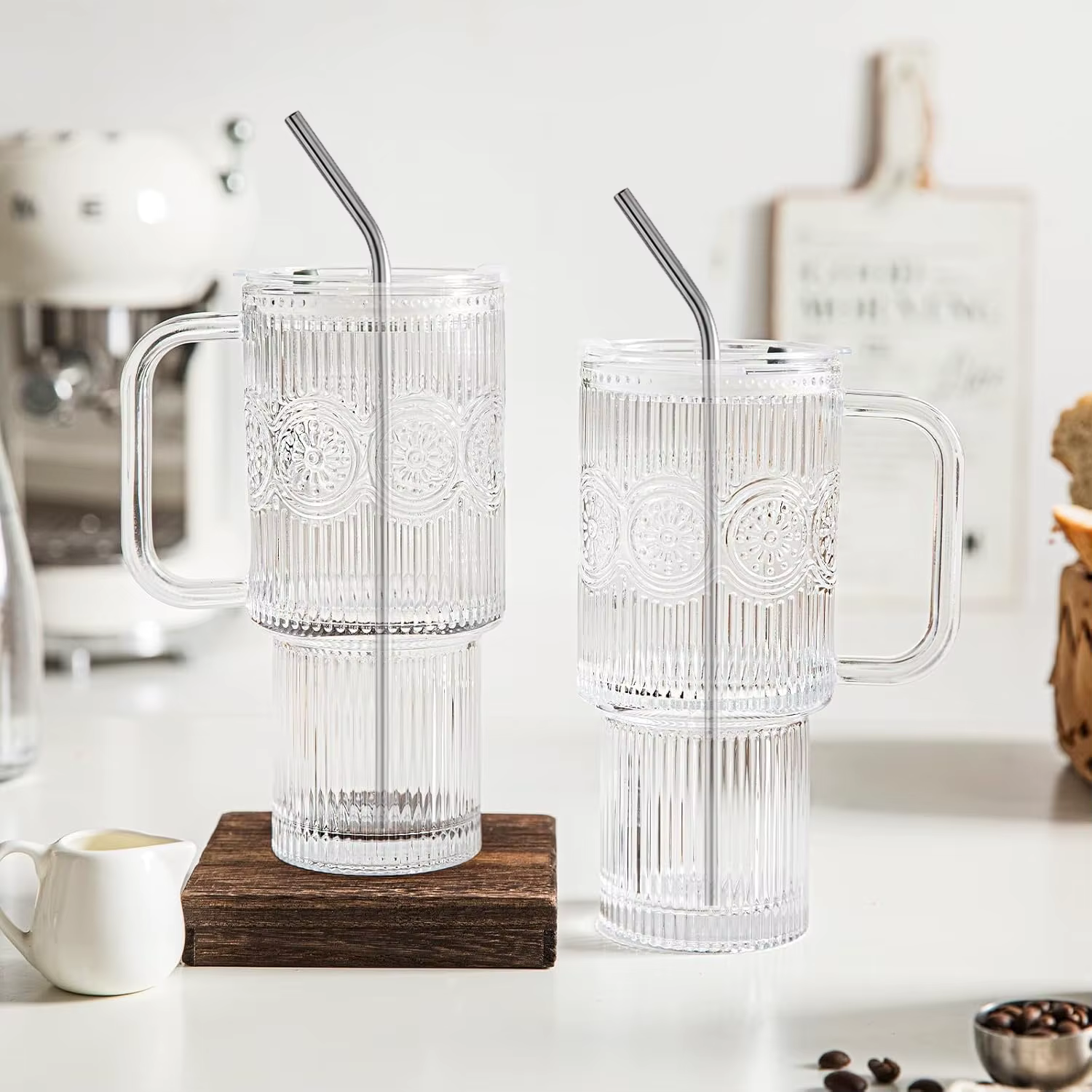 Gobelets en verre côtelés et à motifs floraux de 500 ml avec couvercles/pailles – Tasses réutilisables pour café