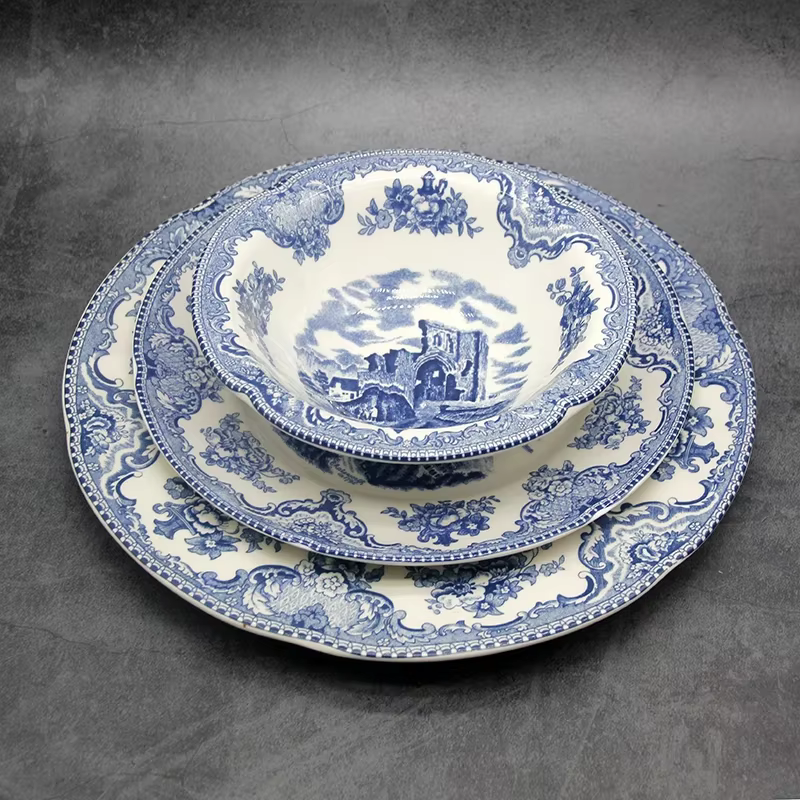 Queset de châteaux de Grande-Bretagne bleus, style européen, QueWare, assiette de petit déjeuner en céramique, plats de boeuf, plat à dessert, bol à soupe