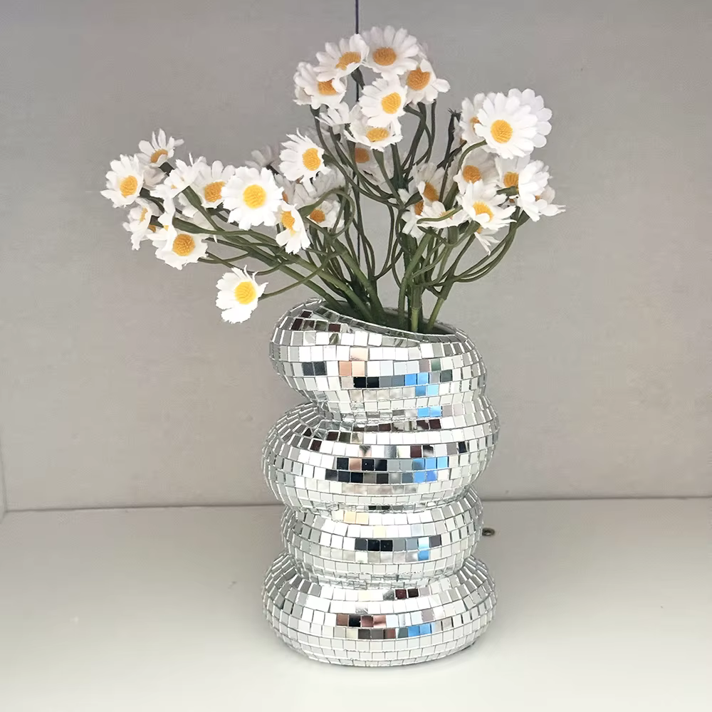 Vase boule Disco spirale, carreaux de verre uniques, bouteille de fleur, jardinière boule Disco, Vase miroir argenté, décor de maison, salon, bureau