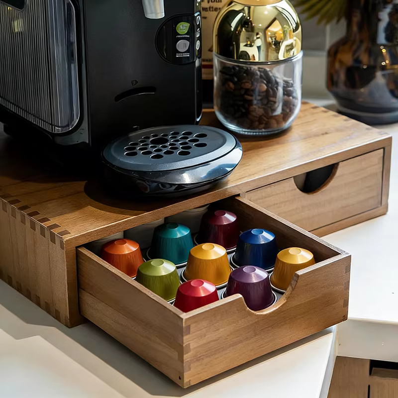 Tiroir de rangement en bois pour dosettes de café