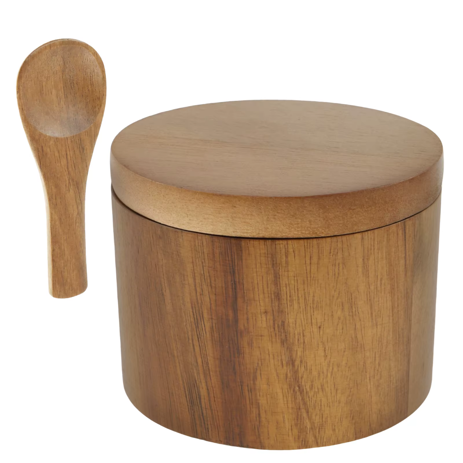 Salière Ronde en Bois d'Acacia avec Cuillère spatirée et Couvercle à Comcussion Magnétique