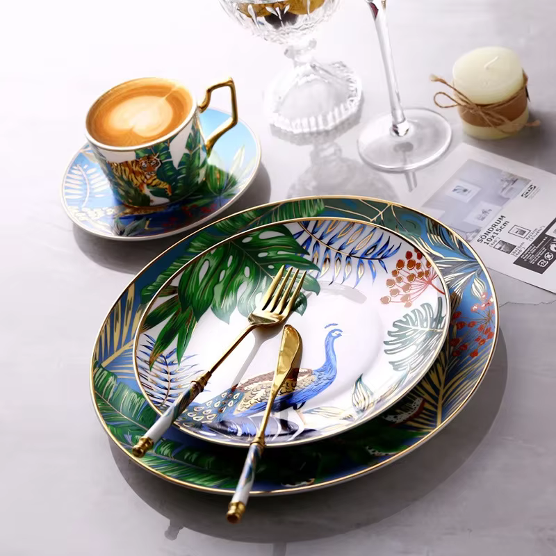 Service de vaisselle coloré forêt Animal Design assiette plateau à Steak plat vaisselle en céramique 10 pouces plat cadeau de noël or