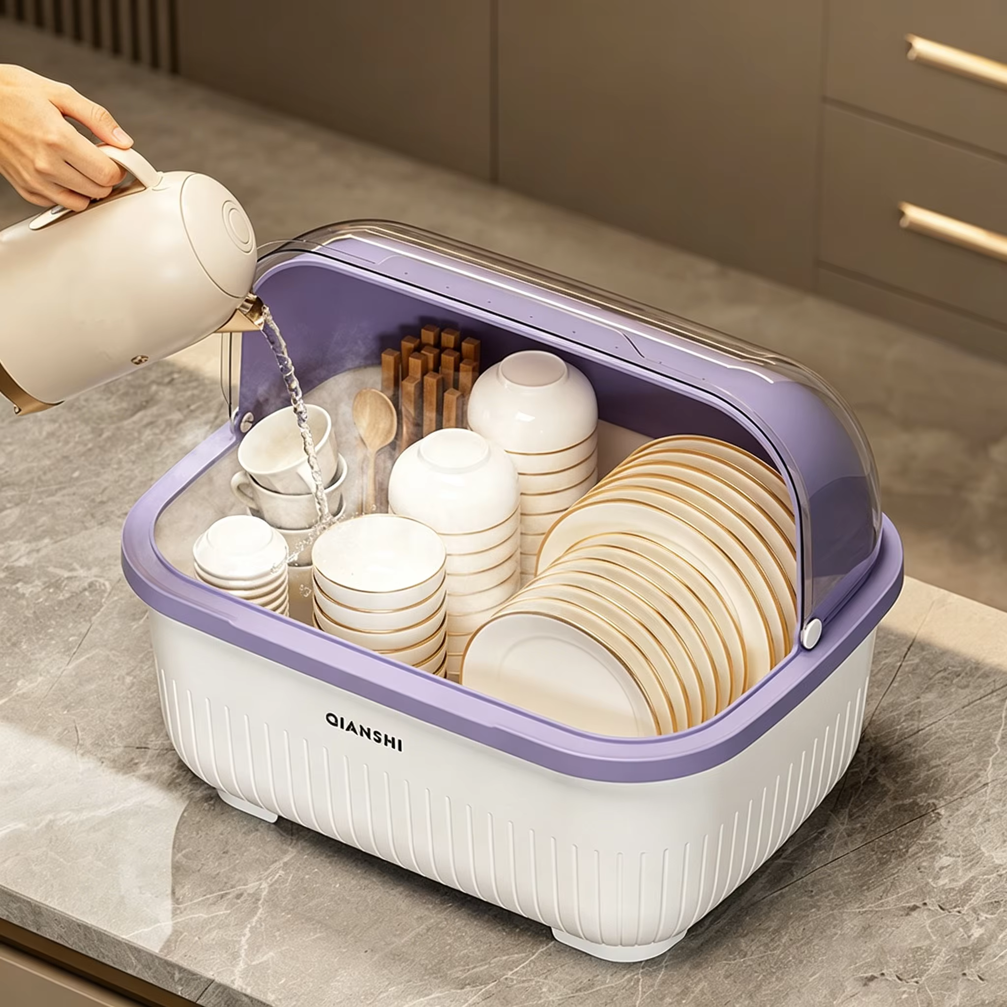 Égouttoir à vaisselle avec couvercle de protection - Meuble de rangement de cuisine peu encombrant et anti-poussière