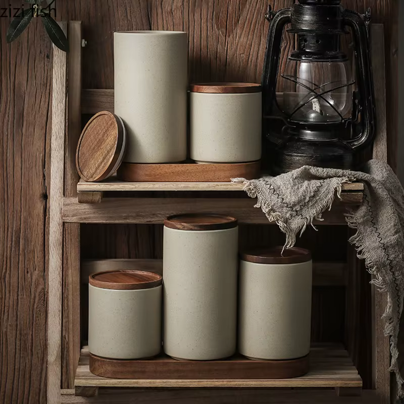 Bocaux de Rangement Rétro en Céramique avec Couvercle en Bois