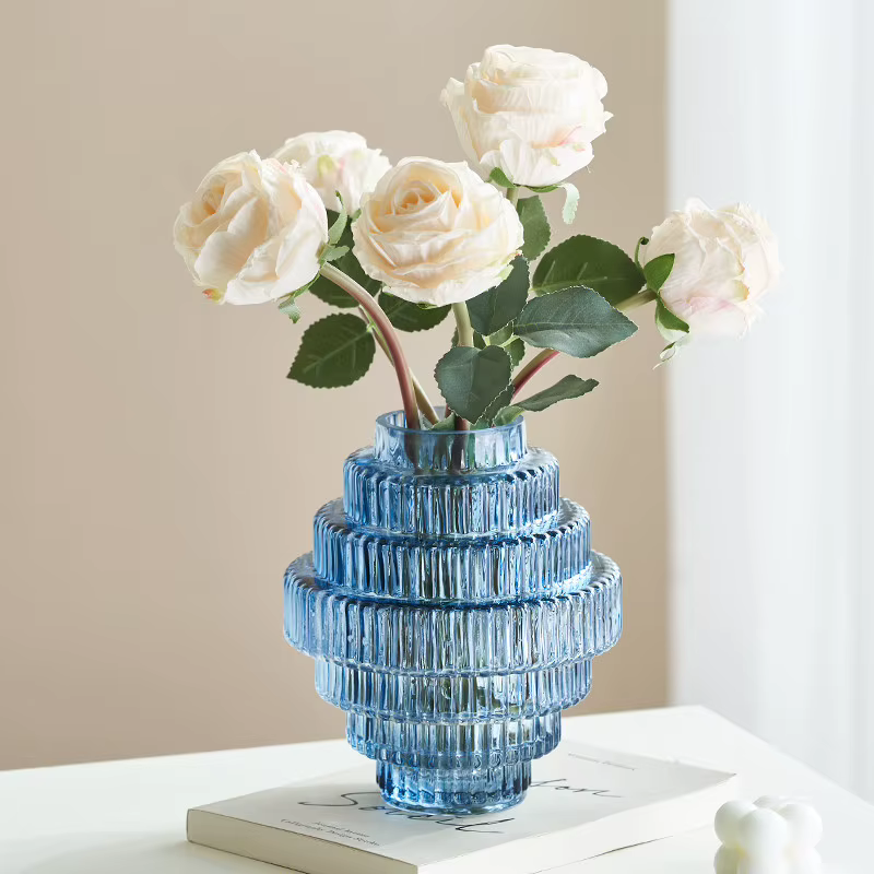 Vase en verre transparent en forme d'engrenage pour arrangements floraux