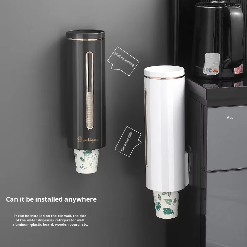 Distributeur de gobelets mural sans perçage, élégant et pratique, avec bord électroplaqué, anti-poussière, pour rangement de gobelets jetables