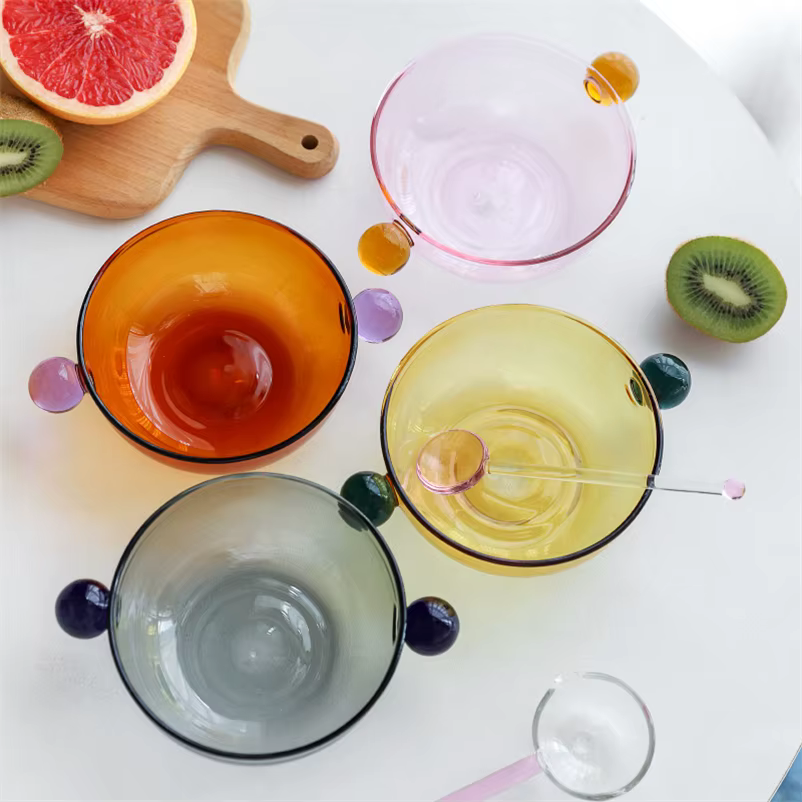 Filles à salade de fruits en verre coloré à double poignée boule